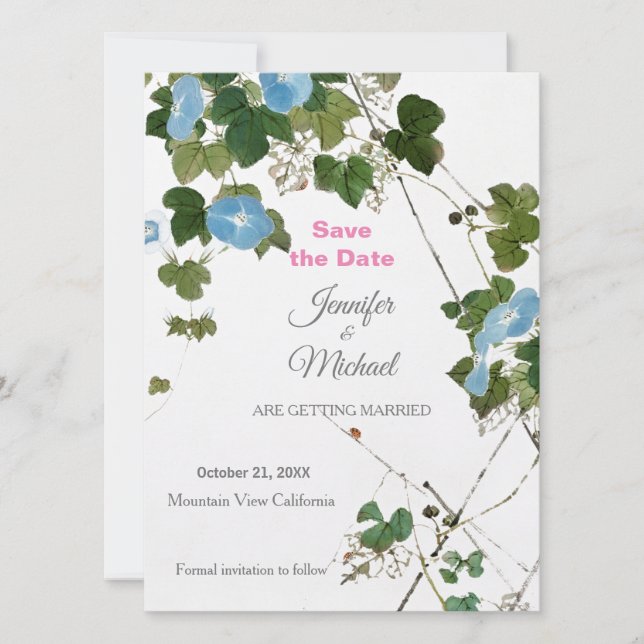 Wedding Modern Minimalist Plain Calligraphy Floral Save The Date (Front)