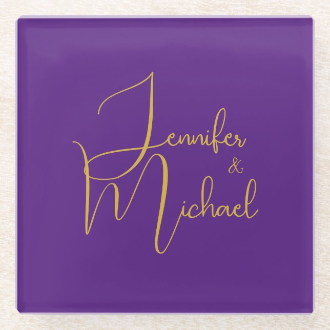 Wedding Modern Minimalist Plain Calligraphy Name Glass Coaster (Front)