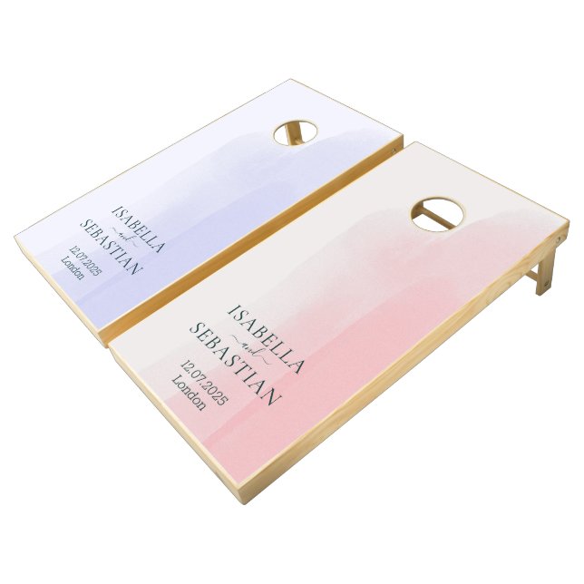 Wedding Modern monogram family pink blue Cornhole Set (Angled)