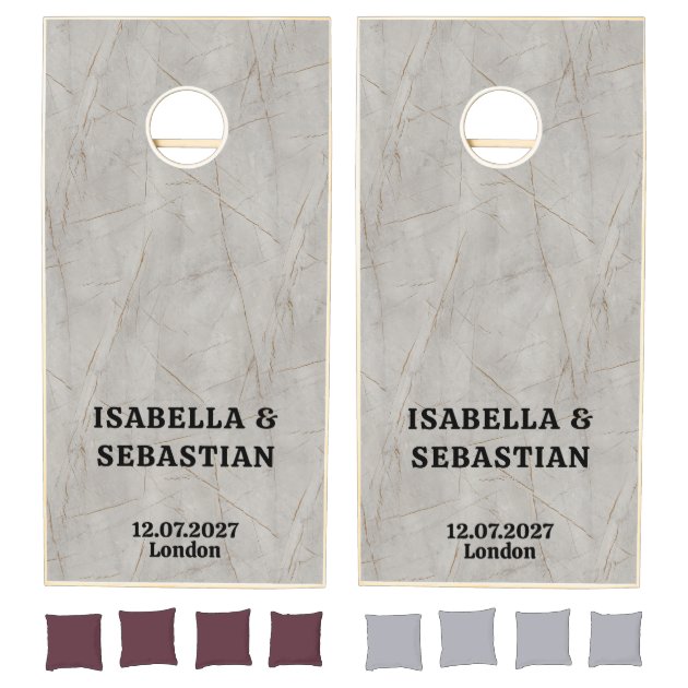 Wedding Modern monogram wood marble texture Cornhole Set