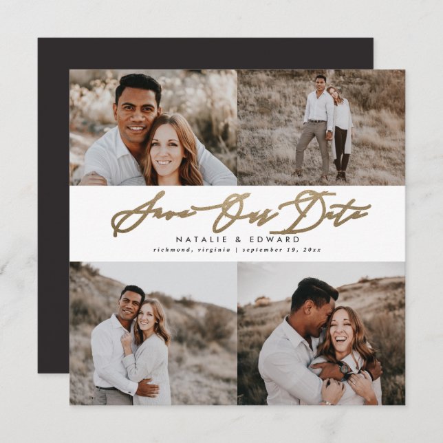 Wedding modern multi photo typography gold script save the date (Front/Back)