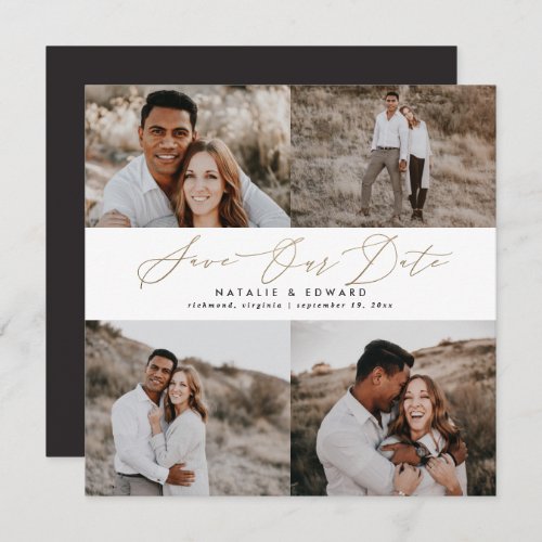 Wedding modern multi photo typography gold script save the date