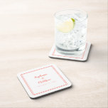 Wedding Modern Newlywed Minimalist Beverage Coaster<br><div class="desc">Simple, minimalist and chic Wedding coaster features a modern design with a double framed border in trendy coral on a crisp white background. This modern simple design provides timeless, classic sophistication. Personalize names of couple and event date in elegant coral lettering and script. These are a perfect keepsake for your...</div>