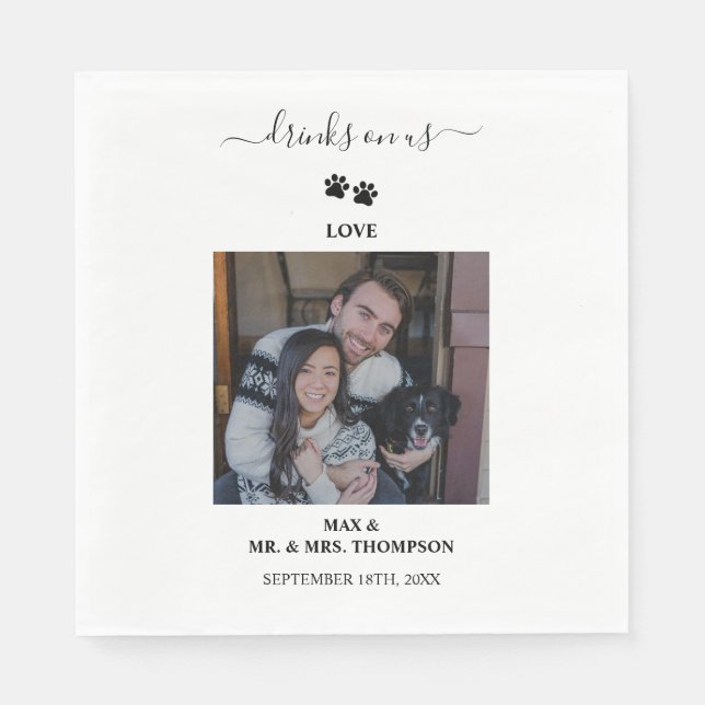 Wedding Modern Photo Couple Pet Dog Drinks on Us Napkins (Front)