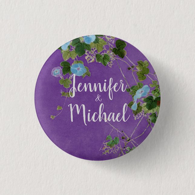 Wedding Modern Plain Calligraphy Name Floral Button (Front)