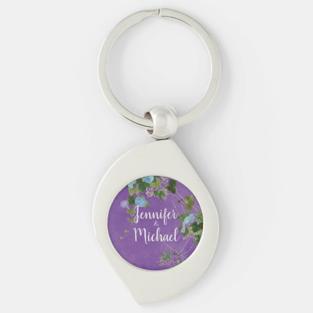 Wedding Modern Plain Calligraphy Name Floral Keychain (Front)