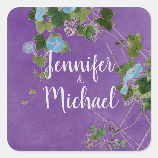 Wedding Modern Plain Calligraphy Name Floral Square Sticker (Front)