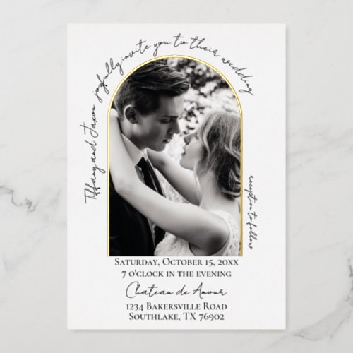 Wedding Modern Script Arch Trim Photo Real Foil Invitation