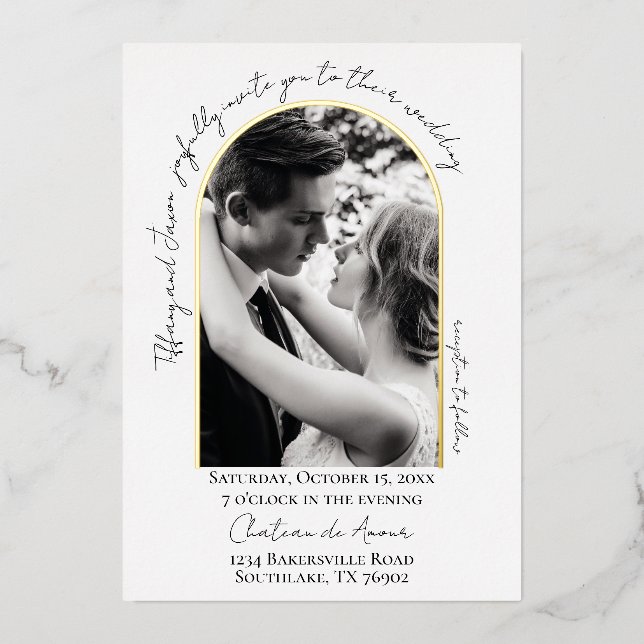 Wedding Modern Script Arch Trim Photo Real Foil Invitation (Front)