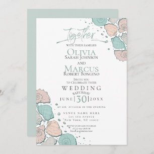Wedding Modern Seashells Coral Teal Green Invitation