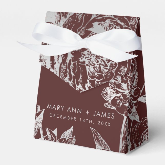 Wedding Modern Simple Floral Silver Burgundy Favor Boxes (Front Side)