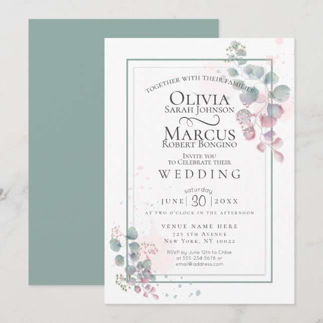 Wedding | Modern Watercolor Eucalyptus Foliage Invitation (Front/Back)