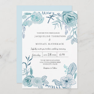 Wedding Modern Watercolor floral n Foliage in Blue Invitation