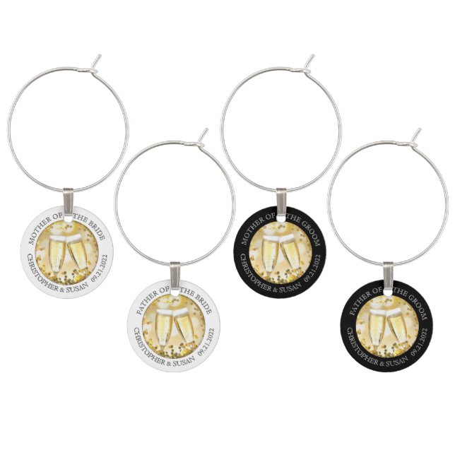 Wedding Mom and Dad  Add Photo Black and White Win Wine Charm (Staggered)