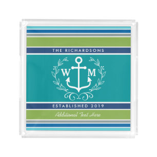 Wedding Monogram Anchor Laurel Wreath Aqua Stripes Acrylic Tray