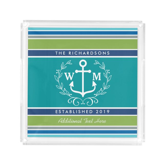 Wedding Monogram Anchor Laurel Wreath Aqua Stripes Acrylic Tray (Front)