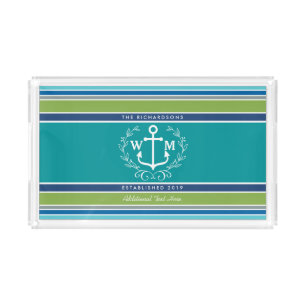 Wedding Monogram Anchor Laurel Wreath Aqua Stripes Acrylic Tray