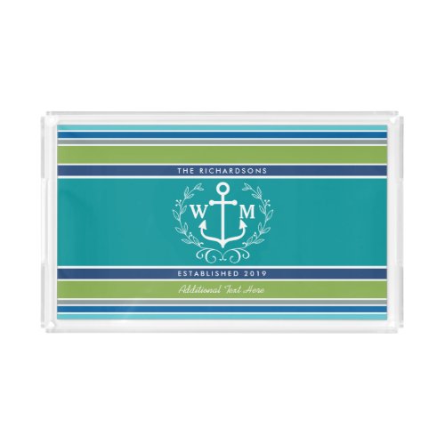 Wedding Monogram Anchor Laurel Wreath Aqua Stripes Acrylic Tray