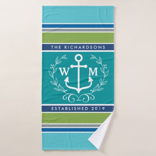 Wedding Monogram Anchor Laurel Wreath Aqua Stripes Bath Towel