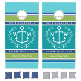 Wedding Monogram Anchor Laurel Wreath Aqua Stripes Cornhole Set