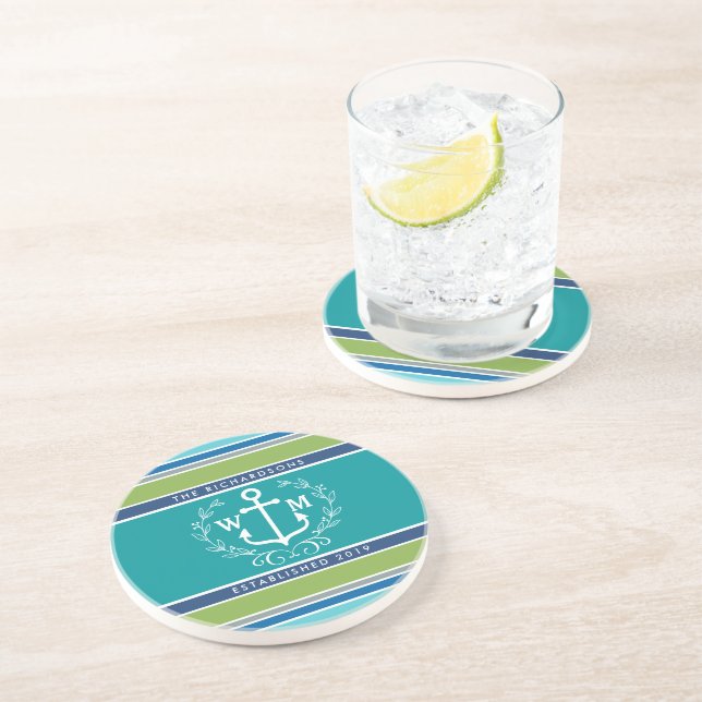 Wedding Monogram Anchor Laurel Wreath Aqua Stripes Drink Coaster (Side)