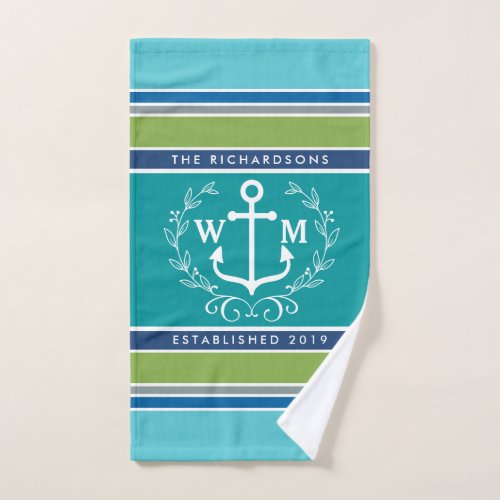 Wedding Monogram Anchor Laurel Wreath Aqua Stripes Hand Towel