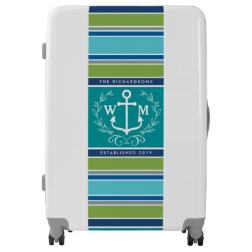 Wedding Monogram Anchor Laurel Wreath Aqua Stripes Luggage Wedding Monogram Anchor Laurel Wreath Aqua Stripes Luggage