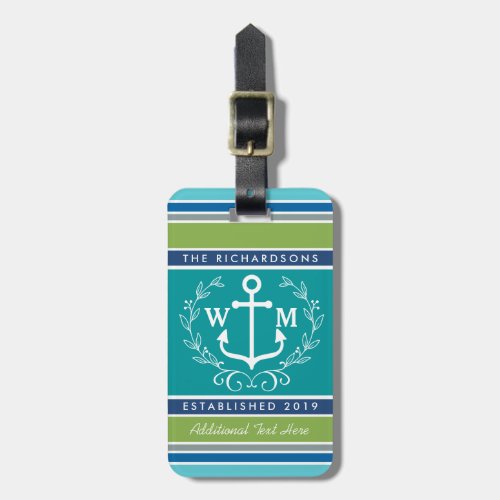 Wedding Monogram Anchor Laurel Wreath Aqua Stripes Luggage Tag