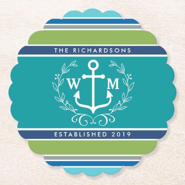 Wedding Monogram Anchor Laurel Wreath Aqua Stripes Paper Coaster (Front)