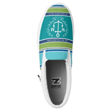 Wedding Monogram Anchor Laurel Wreath Aqua Stripes Slip-On Sneakers Wedding Monogram Anchor Laurel Wreath Aqua Stripes Slip-On Sneakers