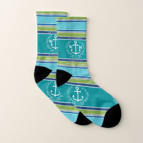 Wedding Monogram Anchor Laurel Wreath Aqua Stripes Socks