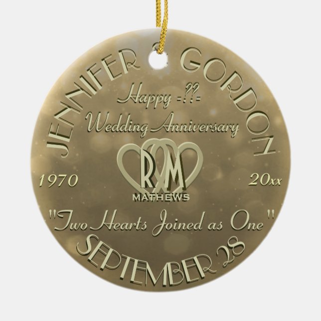 Wedding Monogram Anniversary Gold Color Ceramic Ornament (Front)
