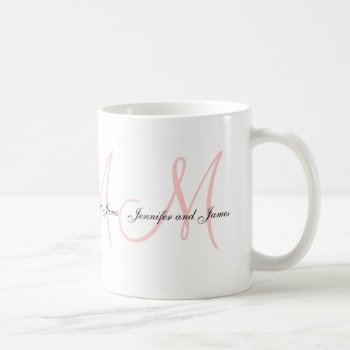 Wedding Monogram B & Names Pink White Favor Mug by MonogramGalleryGifts at Zazzle