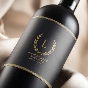 Wedding Monogram Black and Gold Luxury Wine Label