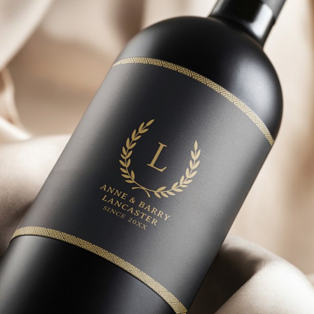 Wedding Monogram Black and Gold Luxury Wine Label (Creator Uploaded)