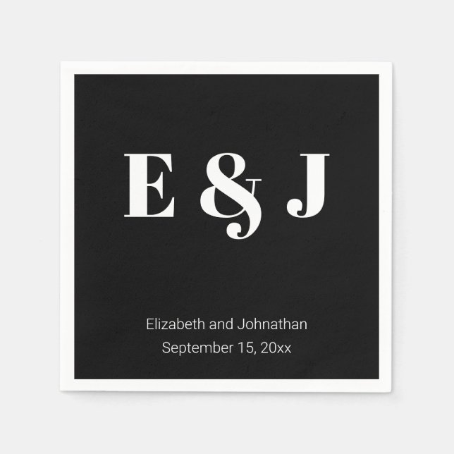 Wedding Monogram Black and White Bride Groom Names Napkins (Front)