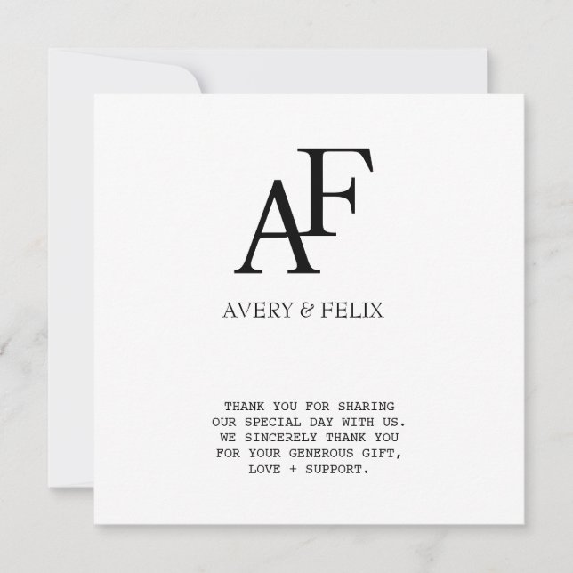 Wedding Monogram Black and White Elegant Guest Thank You Card (Front)