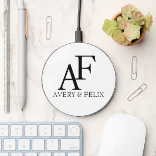 Wedding Monogram Black and White Elegant Guest Wireless Charger