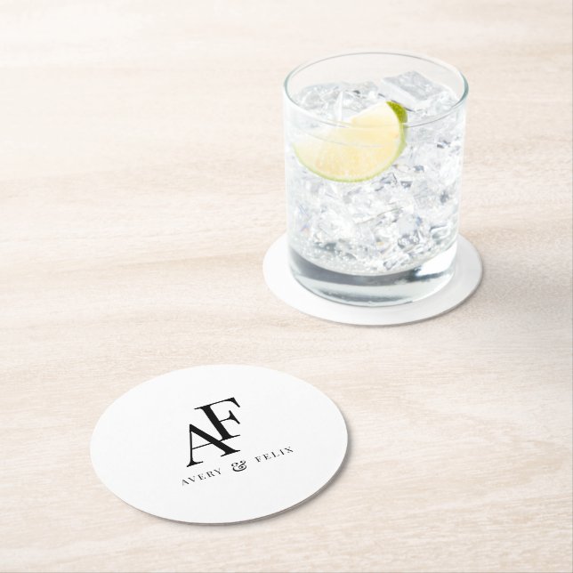 Wedding Monogram Black and White Elegant Simple Round Paper Coaster (Insitu)
