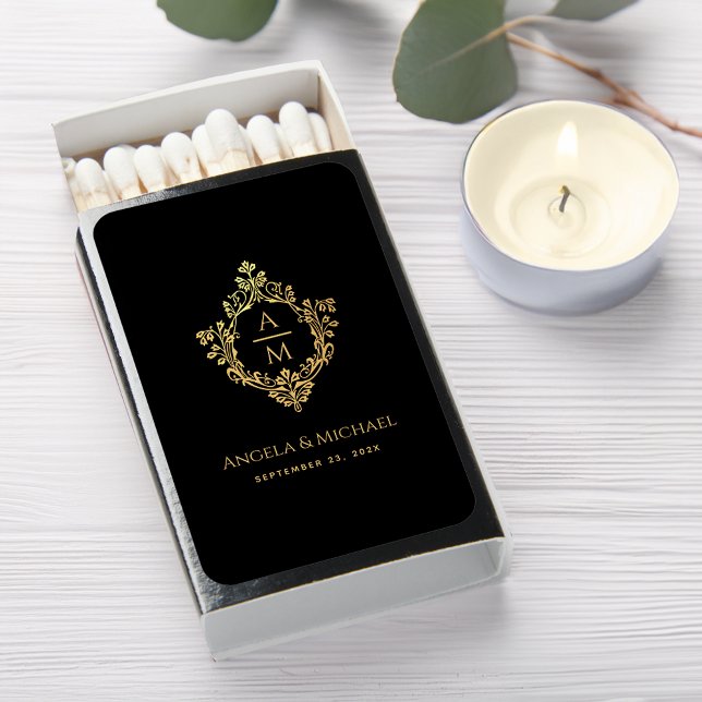 Wedding Monogram Black Faux Gold Crest Elegant  Matchboxes (Creator Uploaded)