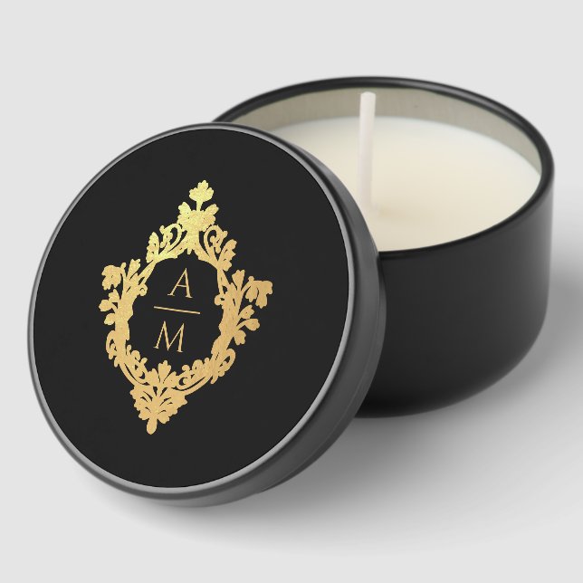Wedding Monogram Black Faux Gold Crest Elegant Mini Candle Favors (Corner)