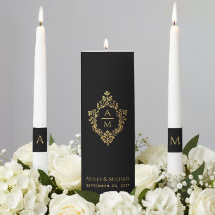 Wedding Monogram Black Gold Elegant Vintage Crest Unity Candle Set