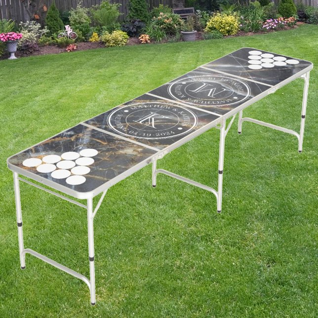 Wedding Monogram Black Marble & Gold Stone Beer Pong Table (Creator Uploaded)