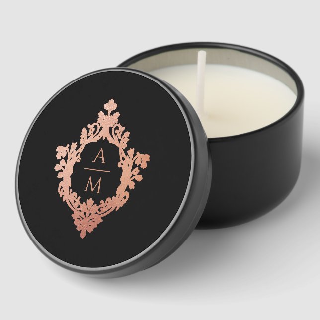 Wedding Monogram Black Pink Rose Gold Ornate Crest Mini Candle Favors (Corner)