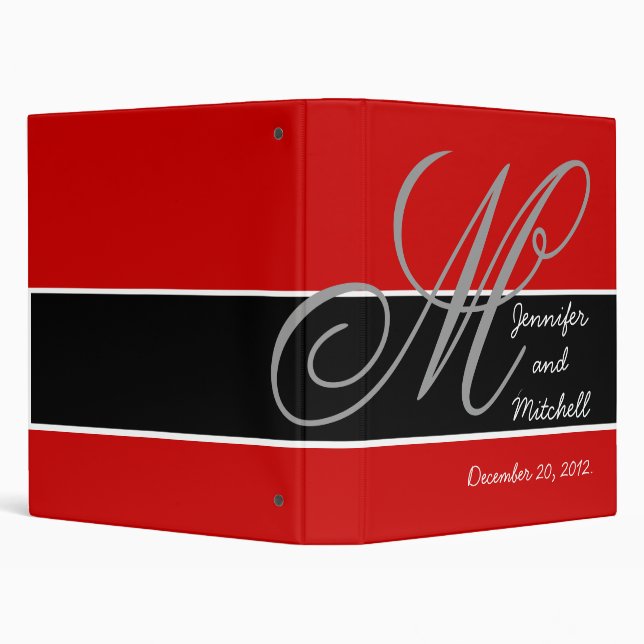 Wedding Monogram Black Red Planner Keepsake 3 Ring Binder (Background)