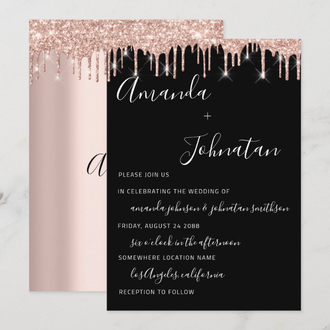 Wedding Monogram Black Rose Gold Drips Invitation (Front/Back)