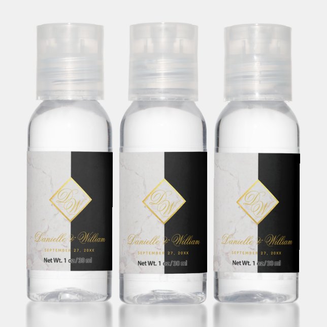 Wedding Monogram Black White Marble Gold  Hand Sanitizer (Set)