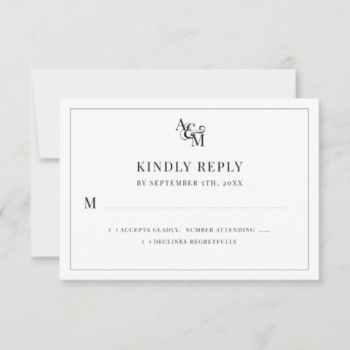 Wedding Monogram Black White Simple Elegant RSVP Card