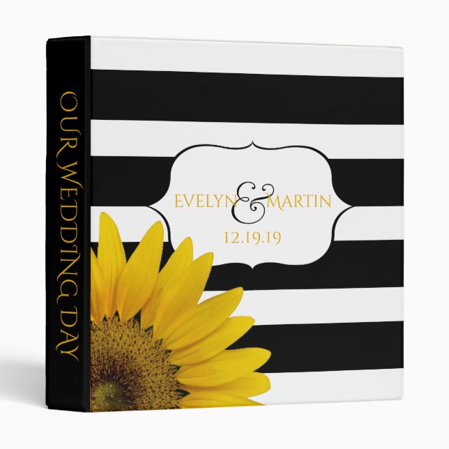 Wedding Monogram | Black White Striped Sunflower Binder (Front/Spine)
