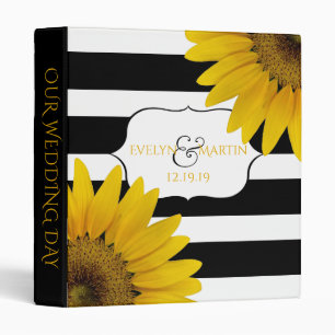 Wedding Monogram Black White Striped Sunflowers 3 Ring Binder